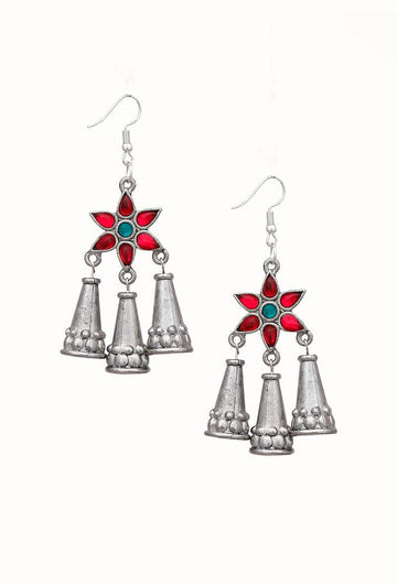 Pink-Green German Silver Afghan Earrings